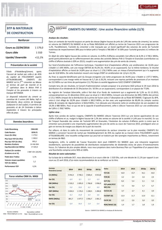 27
CIMENTS DU MAROC : Une assise financière solide (1/3)
Analyse des résultats :
Dans un contexte de marché toujours en perte de vitesse (légère hausse de près de 1,4% des ventes de ciments), les ventes
en volume de CIMENTS DU MAROC et de sa filiale INDUSAHA ont affiché au terme de l’exercice 2015 une progression de
1,2%. Parallèlement, l’activité du cimentier a été marquée par un bond significatif des volumes de vente de l’activité
matériaux de respectivement 38% pour le béton prêt à l’emploi à 786 000 m3
et 30% pour l’activité granulats à 2 millions de
Tonnes.
En dépit de cette légère hausse des ventes en volume, le chiffre d’affaires consolidé s’est affermi de 8,3% à 3 740,1 MDhs,
porté particulièrement par le raffermissement des ventes des activités Bétons Prêt à l’Emploi et Granulats (contribution au
chiffre d’affaires évaluée à 20% en 2015), couplé à une augmentation des prix de vente de ciments.
Sur fond d’amélioration de l’efficience technique, l’excédent brut d’exploitation affiche une amélioration de 10,6% pour
s’établir à 1 695 MDhs, soit une marge EBITDA de 45,3% (Vs. 44,4% un an auparavant). Sur la même tendance, le résultat
d’exploitation affiche un bond de 14,8% pour se situer à 1 176,5 MDhs avec un niveau d’amortissement qui n’a augmenté
que de 10,8 MDhs. De cette évolution ressort une marge d’EBIT en amélioration de 1,8 pt à 31,5%.
Au final, la capacité bénéficiaire part du Groupe enregistre une nette progression de 34,4% pour s’établir à 1 077,7 MDhs,
correspondant à une marge nette en hausse de 5,7 pts à 29,2%, incluant une reprise partielle de provisions d’un montant
de 152 MDhs sur ses titres de participation (11,7%) dans la société égyptienne SUEZ CEMENT COMPANY.
Compte tenu de ces résultats, le Conseil d’administration compte proposer à la prochaine AGO prévue le 29 mars 2016 la
distribution d’un dividende de 55 Dhs/action (Vs. 50 Dhs un an auparavant), correspondant à un payout de 77,8%.
Au registre de l’analyse bilancielle, celle-ci fait état d’un fonds de roulement qui a augmenté de 5,3% au 31-12-2015,
comparativement au 31 décembre 2014, pour se situer à 1 365,9 MDhs, incluant une diminution de 399,2 MDhs des primes
à 115,1 MDhs (impact de la distribution de la prime de fusion suite à l’absorption de sa filiale BETOMAR). S’agissant du BFR,
celui-ci s’est allégé de 18,9% pour s’établir à 385,9 MDhs, en lien avec une augmentation de 80,4% du compte «autres
dettes & comptes de régularisation» à 663,8 MDhs. Il en découle une trésorerie nette en amélioration de son excédent de
19,3% à 980 MDhs. Pour ce qui est de la capacité d’autofinancement, celle-ci clôture l’exercice 2015 sur une amélioration
de 5,8% à 1 358,7 MDhs.
Upline view :
Après trois années de vaches maigres, CIMENTS DU MAROC clôture l’exercice 2015 sur une bonne appréciation de son
chiffre d’affaires et ce, malgré la légère hausse de 1,2% des ventes en volume de la société (+1,4% pour le marché). En sus
de l’impact favorable des ventes de l’activité BPE et Granulats, l’évolution du volume d’affaires porte à croire que le
cimentier aura procédé à une importante augmentation des prix de vente au cours de l’exercice 2015, privilégiant ainsi un
gain en termes de marges aux dépens de la part de marché.
Par ailleurs, et dans le cadre du mouvement de concentration du secteur cimentier sur le plan mondial, CIMENTS DU
MAROC a annoncé l’accord de rachat par HeidelbergCement de 45% du capital de sa maison-mère ITALCEMENTI auprès
d’ITALMOBILIARE. Une nouvelle configuration qui pourrait se traduire par des synergies importantes au Maroc, notamment
en termes de R&D.
Soulignons, enfin, la solidité de l’assise financière dont jouit CIMENTS DU MAROC avec une trésorerie largement
excédentaire, synonyme de possibilités de distributions exceptionnelles de dividendes et/ou de plans d’investissements
futurs. En l’absence de plus amples détails, nous nous projetons dans notre Business Plan sur l’hypothèse d’un payout dans
une fourchette comprise entre 90% et 100%.
Résultat de notre valorisation :
Sur la base de la méthode DCF, nous aboutissons à un cours cible de 1 310 Dhs, soit une décote de 11,1% par rapport à son
cours au 22 avril 2016, d’où notre recommandation de se renforcer sur le titre.
Nordine HAMIDI
Mail : NHamidi@cpm.co.ma
Nasreddine LAZRAK
Mail : NLazrak@cpm.co.ma
Cours au 22/04/2016 1 179,0
Cours cible 1 310
Upside/ Downside +11,1%
Code Bloomberg CMA:MC
Code Reuters SCM.CS
Cours (En Dhs) 1 179,0
Plus haut YOY (En Dhs) 1 300,0
Plus bas YOY (En Dhs) 995,0
Nombre d'actions 14 436 004
Cap Boursière (en MDhs) 17 020,0
Flottant (En nombre
d'actions et en %)
2 887 201 (20,0%)
Poids dans l'indice 3,1%
Volume moyen quotidien
YOY (En MDhs)
1,2
Performance YOY 9,2%
Renforcer
Source : CIMENTS DU MAROC et Analyses & Recherches
Données boursières
Force relative CMA Vs. MASI
Présentation de la société
BTP & MATERIAUX
DE CONSTRUCTION
Filiale d’HeidelbergCement, après
l’accord de rachat par celle-ci de 45%
du capital de ITALCEMENTI auprès
d’ITALMOBILIARE, CIMENTS DU
MAROC est le 2ème
cimentier au Maroc
en termes de part de marché et le
1er
opérateur dans le Béton Prêt à
l’emploi et les granulats à travers sa
marque BETOMAR.
Le dispositif industriel du ciment se
constitue de 3 usines (Aït Baha, Safi et
Marrakech), deux centres de broyage
(Laâyoune et Jorf Lasfar), 4 carrières de
granulats et de 24 Centrales à béton
implantées à travers les principales
villes du pays.
Ratios 2014 2015 2016p 2017p
P/E (X) 16,9 13,7 16,1 16,0
P/B (X) 2,2 2,4 2,6 2,6
D/Y (%) 8,3 5,4 5,1 5,5
FCF yield (FCF/
MC) (%)
7,5 9,0 5,7 6,7
EV/CA (X) 3,7 3,7 4,1 3,9
EV/EBIT (X) 12,4 11,7 12,9 12,1
EV/IC (X) 2,3 2,6 3,0 3,0
ROIC/WACC (X) 1,4 1,7 1,8 1,9
Données
financières (conso)
2014 2015 2016p 2017p
CA (MDhs) 3 454,3 3 740,1 3 826,4 4 013,8
Var (%) -4,9 8,3 2,3 4,9
EBE (MDhs) 1 532,2 1 695,0 1 766,8 1 836,9
Var (%) -5,6 10,6 4,2 4,0
EBIT (MDhs) 1 024,5 1 176,5 1 228,5 1 284,8
Var (%) -9,3 14,8 4,4 4,6
RNPG (MDhs) 801,7 1 077,7 1 056,7 1 061,3
Var (%) -0,9 34,4 -2,0 0,4
70,0
80,0
90,0
100,0
110,0
120,0
130,0
140,0
150,0
CMA MASI
CMA : +9,2%
MASI: -3,9%
Plus haut YOY :
1 300,0 Dhs
Plus bas YOY :
995,0 Dhs
 