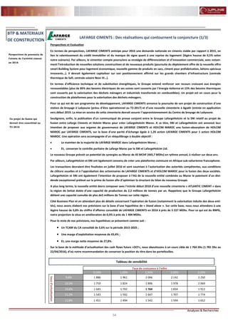 34
FLASH RESULTATS S1-2012
Perspectives et Evaluation
En termes de perspectives, LAFARGE CIMENTS anticipe pour 2016 une demande nationale en ciments stable par rapport à 2015, en
lien le ralentissement du crédit immobilier et du manque de signe quant à une reprise du logement (légère hausse de 0,5% selon
notre scénario). Par ailleurs, le cimentier compte poursuivre sa stratégie de différenciation et d’innovation commerciale, avec notam-
ment l’introduction de nouvelles solutions constructives et de nouveaux produits (poursuite du déploiement offre de la nouvelle offre
smart Building System pour logement économique, nouvelle gamme de produits en sacs, ciment pour préfabrication, bétons spéciaux
innovants…). Il devrait également capitaliser sur son positionnement affirmé sur les grands chantiers d’infrastructure (centrale
thermique de Safi, centrale solaire Noor III…).
En termes d’efficience technique et de substitution énergétiques, le Groupe entend renforcer son recours croissant aux énergies
renouvelables (plus de 85% des besoins électriques de ses usines sont couverts par l’énergie éolienne et 15% des besoins thermiques
sont couverts par la valorisation des déchets ménagers et industriels transformés en combustibles). Un projet est en cours pour la
construction de plateformes pour la valorisation des déchets ménagers.
Pour ce qui est de son programme de développement, LAFARGE CIMENTS annonce la poursuite de son projet de construction d’une
station de broyage à Laâyoune (prévu d’être opérationnel au T2-2017) et d’une nouvelle cimenterie à Agadir (entrée en application
vers début 2019. La mise en service de cette cimenterie devrait assurer l’approvisionnement du Centre de broyage de Laâyoune.
Soulignons, enfin, la publication d’un communiqué de presse conjoint entre le Groupe LafargeHolcim et la SNI relatif au projet de
fusion entre Lafarge Ciments et Holcim Maroc pour créer LafargeHolcim Maroc. A ce titre, SNI et LafargeHolcim ont annoncé leur
intention de proposer aux organes de gouvernance de LAFARGE CIMENTS et HOLCIM MAROC une fusion-absorption de HOLCIM
MAROC par LAFARGE CIMENTS, sur la base d’une parité d’échange égale à 1,20 action LAFARGE CIMENTS pour 1 action HOLCIM
MAROC. Une opération sera accompagnée d’un rééquilibrage à double objectif :
 Le maintien de la majorité de LAFARGE MAROC dans LafargeHolcim Maroc ;
 Et, conserver le contrôle paritaire de Lafarge Maroc par la SNI et LafargeHolcim Ltd.
Le nouveau Groupe prévoit un potentiel de synergies au Maroc de 45 MCHF (445,7 MDhs) en rythme annuel, à réaliser sur deux ans.
Par ailleurs, LafargeHolcim et SNI ont également convenu de créer une plateforme commune en Afrique sub-saharienne francophone.
Les transactions devraient être finalisées en juillet 2016 et sont soumises à l’autorisation des autorités compétentes, aux conditions
de clôture usuelles et à l’approbation des actionnaires de LAFARGE CIMENTS et d’HOLCIM MAROC pour la fusion des deux sociétés.
LafargeHolcim et SNI ont également l’intention de proposer à l’AG de la nouvelle entité combinée au Maroc le paiement d’un divi-
dende exceptionnel prélevé sur la prime de fusion afin d’optimiser la structure du bilan du nouveau Groupe.
A plus long terme, la nouvelle entité devra composer avec l’entrée début 2018 d’une nouvelle cimenterie « ATLANTIC CIMENT » dans
la région de Settat dotée d’une capacité de production de 2,2 millions de tonnes par an. Rappelons que le Groupe LafargeHolcim
détient une capacité cumulée de plus de5 millions de Tonnes sur cette région.
Côté Business Plan et en attendant plus de détails concernant l’opération de fusion (notamment la valorisation induite des deux enti-
tés), nous avons élaboré nos prévisions sur la base d’une hypothèse de « Stand alone ». Sur cette base, nous nous attendons à une
légère hausse de 0,8% du chiffre d’affaires consolidé de LAFARGE CIMENTS en 2016 à près de 5 227 MDhs. Pour ce qui est du RNPG,
notre projection le situe en amélioration de 0,4% à près de 1 404 MDhs.
Pour le reste de nos prévisions, nos hypothèses se présentent comme suit :
 Un TCAM du CA consolidé de 3,6% sur la période 2015-2025 ;
 Une marge d’exploitation moyenne de 43,4% ;
 Et, une marge nette moyenne de 27,8%.
Sur la base de la méthode d’actualisation des cash flows futurs «DCF», nous aboutissons à un cours cible de 1 764 Dhs (1 781 Dhs au
22/04/2016), d’où notre recommandation de conserver la position du titre dans les portefeuilles.
Perspectives de poursuite de
l’atonie de l’activité ciment
en 2016
LAFARGE CIMENTS : Des réalisations qui contournent la conjoncture (1/3)
Un projet de fusion qui
devrait être concrétisé au
T3 2016
Tableau de sensibilité
Taux de croissance à l'infini
0,50% 1,00% 1,50% 2,00% 2,50%
tauxd'actualisation
9,8% 1 886 1 961 2 046 2 142 2 250
10,3% 1 759 1 824 1 896 1 978 2 069
10,8% 1 645 1 702 1 764 1 834 1 912
11,3% 1 543 1 592 1 647 1 707 1 774
11,8% 1 451 1 494 1 542 1 594 1 652
BTP & MATERIAUX
DE CONSTRUCTION
 