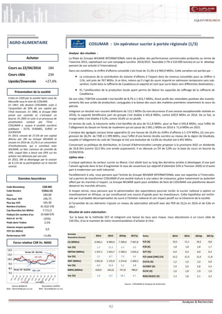62
COSUMAR : Un opérateur sucrier à portée régionale (1/3)
Nasreddine LAZRAK
Mail : NLarak@cpm.co.ma
Cours au 22/04/2016 184
Cours cible 234
Upside/Downside +27,4%
Code Bloomberg CSR:MC
Code Reuters COSU.CS
Cours 184,00
Plus haut YOY 196,75
Plus bas YOY 165,30
Nombre d'actions 41 910 570
Cap Boursière (en MDhs) 7 711,5
Flottant (En nombre d'ac-
tions et en %)
14 668 670
(35%)
Poids dans l'indice 2,5%
Volume moyen quotidien
YOY (En MDhs)
3,0
Performance YOY +3,4%
Acheter
Source : COSUMAR et Analyses & recherches
Données boursières
Force relative CSR Vs. MASI
Présentation de la société
AGRO-ALIMENTAIRE
Fatima BENMLIH
Mail : fbenmlih@cpm.co.ma
Analyse des résultats :
La filiale du Groupe WILMAR INTERNATIONAL vient de publier des performances commerciales probantes au terme de
l’exercice 2015, capitalisant sur une campagne sucrière 2014/2015 favorable (+7% à 510 000 tonnes) et sur le dévelop-
pement de son activité à l’international.
Dans ces conditions, le chiffre d’affaires consolidé s’est hissé de 15,3% à 6 969,9 MDhs. Cette variation est portée par :
 La croissance de la contribution du volume d’affaires à l’export dans les revenus consolidés pour se chiffrer à
11%, soit près de 767 MDhs. A ce titre, notons qu’il s’agit du sucre importé en admission temporaire sans sub-
vention, traité dans la raffinerie de Casablanca et exporté en tant que sucre blanc vers différentes destinations ;
 Et, l’amélioration de la production locale ayant permis de libérer les capacités de raffinage de la raffinerie de
Casablanca.
De son côté, l’EBITDA consolidé s’est bonifié de 8,7% à 1 453,7 MDhs, tirant profit des retombées positives des investis-
sements liés aux unités de production, conjuguées à la baisse des cours des matières premières notamment le cours du
pétrole.
Intégrant un résultat non courant déficitaire de 115,1 MDhs (la non-récurrence d’une cession exceptionnelle réalisée en
2014), la capacité bénéficiaire part du groupe s’est établie à 641,8 MDhs, contre 639,9 MDhs en 2014. De ce fait, la
marge nette s’est établie à 9,2%, contre 10,6% un an plutôt.
En termes de cash, la trésorerie nette s’est bonifiée de plus de 511,8 MDhs pour se fixer à 545,8 MDhs, sous l’effet de
l’allègement du besoin en fonds de roulement qui est passé de 1 041,1 MDhs en 2014 à 71,4 MDhs en 2015.
L’analyse des agrégats sociaux laisse apparaître (i) une hausse de 16,6% du chiffre d’affaires à 5 274 MDhs, (ii) une pro-
gression de 18,2% de l’EBE à 1 099 MDhs, sous l’effet d’une bonne récolte sucrière au niveau de la région de Doukkala,
couplée à l’allègement du coût de l’énergie et (iii) une évolution de 13,4% du résultat net à 491 MDhs.
Concernant sa politique de distribution, le Conseil d’Administration compte proposer à la prochaine AGO un dividende
de 10,8 Dhs (contre 10,3 Dhs une année auparavant). Il en découle un DY de 5,9% sur la base du cours en bourse du
22/04/2016.
Upline view :
L’unique opérateur du secteur sucrier au Maroc s’est attelé tout au long des dernières années à développer d’une part
l’amont agricole dans le but d’augmenter le taux de couverture (un objectif d’atteindre 52% à l’horizon 2020) et d’autre
part à moderniser son outil industriel.
Parallèlement à cela, nous pensons que l’entrée du Groupe WILMAR INTERNATIONAL avec son expertise à l’internatio-
nal a permis de transformer COSUMAR d’une société mature à une valeur de croissance, grâce notamment au potentiel
offert par les marchés à l’export. Le Groupe WILMAR ayant pour ambition de faire de COSUMAR une plateforme devant
desservir les marchés africains.
A moyen terme, nous pensons que le pérennisation des exportations pourrait inciter le sucrier national à opérer un
investissement en Afrique, ce qui constituerait une source d’upside pour les investisseurs. Cette hypothèse est renfor-
cée par la probable décompensation du sucre à l’échelon national et son impact positif sur la trésorerie de la société.
A l’ensemble de ces éléments s’ajoute un niveau de valorisation attractif avec des PER de 10,2x en 2016 et de 9,8x en
2017.
Résultat de notre valorisation :
Sur la base de la méthode DCF et intégrant une baisse du taux sans risque, nous aboutissons à un cours cible de
234 Dhs, d’où le maintien de notre recommandation d’acheter le titre .
Données
financières (Conso)
2014 2015 2016p 2017p
CA (MDhs) 6 046,1 6 969,9 7 209,0 7 467,8
Var (%) 1,2 15,3 3,4 3,6
EBITDA (MDhs) 1 337,1 1 453,7 1 569,3 1 625,6
Var (%) 3,1 8,7 7,9 3,6
EBIT (MDhs) 1 001,8 1 155,9 1 214,6 1 260,5
Var (%) 0,9 15,4 5,1 3,8
RNPG (MDhs) 639,9 641,8 757,8 789,0
Var (%) 1,8 0,3 18,1 4,1
Ratios 2014 2015 2016p 2017p
P/E (X) 10,5 11,1 10,2 9,8
P/B (X) 1,8 1,8 1,8 1,7
D/Y (%) 6,4 6,3 6,0 6,3
FCF yield (/MC) (%) 22,2 21,0 12,4 11,8
EV/CA (X) 1,2 1,0 1,0 0,9
EV/EBIT (X) 7,4 5,9 5,8 5,4
EV/IC (X) 1,6 1,8 1,9 1,9
ROIC/WACC (X) 1,3 1,8 2,1 2,2
70,0
80,0
90,0
100,0
110,0
120,0
CSR MASI
CSR:+3,4%
MASI:-3,9%Plusbas YOY: 165,30Dhs
Plushaut YOY:196,75Dhs
Créée en 1929 par la société Saint Louis de
Marseille sous le nom de COSUMA.
En 1967, elle devient COSUMAR, suite à
l’acquisition de 50% de son capital par
l’Etat marocain. En 1985, le Groupe ONA
prend son contrôle et s’introduit en
bourse. En 2005 et suite à un processus de
privatisation conduit par l’Etat ,
COSUMAR a acquis 4 sociétés sucrières
publiques : SUTA, SUNABEL, SURAC et
SUCRAFOR.
En 2013, cession de 27,5% de son capital
détenu par SNI au Groupe WILMAR et
cession en 2014 de 15,2% à un consortium
d’institutionnels, qui a constitué avec
WILMAR, un bloc commun de contrôle de
54%. Lequel bloc a lancé une OPA sur les
actions non détenues par son soin.
En 2015, SNI se désengage par la cession
de 9,11% de sa participation sur le marché
central.
 