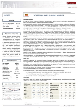 8
ATTIJARIWAFA BANK : Un upside à saisir (1/3)
Analyse des résultats :
A l’image des résultats semestriels, le Groupe ATTIJARIWAFA BANK parvient à clôturer l’exercice 2015 sur une améliora-
tion de son bénéfice net et ce, en dépit d’une baisse de sa profitabilité.
En termes d’activité, les prêts et créances sur la clientèle du Groupe ATTIJARIWAFA BANK ont enregistré un repli de 0,8%
à 252,9 MMDhs, pâtissant principalement de la poursuite du ralentissement de la demande des crédits sur le marché
domestique (baisse des crédits octroyés au Maroc de 5,5% à 167,9 MMDhs). En revanche, les dettes envers la clientèle
ont marqué un bond de 6,5% à 274,5 MMDhs, profitant d’une amélioration de la collecte sur tous les marchés.
Côté profitabilité, le PNB consolidé a enregistré une contraction de 2,3% à 19,0 MMDhs. cette baisse recouvre (i) une
amélioration de +3,4% de la marge d’intérêt à 11,4 MMDhs, profitant de la baisse du coût des ressources, (ii) une crois-
sance de 4,3% de la marge sur commissions à 4,0 MMDhs et ce malgré l’impact de la gratuité de certains services ban-
caires offerts par les banques opérant au sein de l’UEMOA et (iii) une forte baisse du résultat des opérations de marché
de 24,1% à 3,1 MMDhs, suite à la non récurrence des résultats exceptionnels réalisés en 2014 (baisse de taux obligataires
en 2014).
Compte tenu d’une hausse de 3,5% des frais de fonctionnement et un recul de la profitabilité, le coefficient d’exploitation
s’est dégradé de 2,6 pts à 46,4%. Ainsi, le résultat brut d’exploitation ressort en contraction de 6,9% à 10,2 MMDhs.
Par ailleurs, le coût du risque enregistre un fort allégement en 2015 de 26,9% à 2,2 MMDhs, capitalisant sur l’améliora-
tion du risque au niveau de tous les pôles d’activité (Banque au Maroc : -0,39 pt à 0,76%, Sociétés de Financement Spé-
cialisées : -0,09 pt à 0,61% et Banque de Détail à l’International : -0,25 pt à 1,07 %).
Enfin, le RNPG ressort en croissance de 3,4% à 4,5 MMDhs, profitant de (i) l’allégement de la charge de risque, (ii) l’amé-
lioration de 30,6% de la contribution de la Banque de Détail à l’International, expliquée par une croissance organique et
par l’augmentation de la participation de la banque dans deux filiales à savoir SIB et CBAO, passant de 51% et 51,9%
respectivement à 75% et 83% et (iii) la baisse de la charge d’impôt en raison de la constatation d’une PRG en 2014
(charge non déductible).
L’impact de l’effet périmètre sur le RNPG s’élève à 101 MDhs. Ainsi, Hors cet impact, la capacité bénéficiaire part du
Groupe aurait enregistré une croissance limitée à 1,0%.
Dans un autre registre, le Conseil d’Administration devrait proposer à la prochaine AGO, la distribution d’un dividende
unitaire de 11 Dhs (contre 10 Dhs distribués en 2014), soit un DY de 3,2% sur la base du cours en Bourse du 22/04/2016.
Upline view :
Quasiment en ligne avec nos anticipations (un taux de réalisation de 98% pour le PNB et de 101% pour le RNPG), le
Groupe ATTIJARIWAFA BANK affiche des résultats opérationnels positifs démontrant encore une fois que le Groupe dis-
pose de fondamentaux solides qui lui permettent de surpasser les difficultés engendrées par une conjoncture défavo-
rable, à savoir (i) une politique proactive en matière de gestion du risque, (ii) une structure de plus en plus diversifiée de
ses revenues et (iii) une stratégie de croissance externe rentable.
De même, nous pensons que le Groupe demeure bien positionné pour accompagner le développement économique
aussi bien du Maroc que des autres pays africains d’implantation.
En plus de ce qui précède, d’autres éléments confirment notre opinion sur la valeur notamment :
 Une rentabilité financière (12,4%) en-dessus de la moyenne du secteur (10%) et du coût du capital (8,9%);
 Un PE attractif (15,3x) par rapport à son secteur (17,1x) et au marché (17,9x);
 Et, une liquidité importante du titre, justifiée par son poids dans l’indice.
Valorisation
Ainsi et en se basant sur la méthode des RN Distribuables et sur la méthode EVA, nous aboutissons à un cours cible de
391 Dhs, d’où notre recommandation d’acheter le titre.
Fatima Zahra MABCHOURE
Mail : FMabchoure@cpm.co.ma
Nasreddine LAZRAK
Mail : NLazrak@cpm.co.ma
Cours au 22/04/2016 341,05
Cours cible 391
Upside/Downside +14,6%
Code Bloomberg ATW:MC
Code Reuters ATW.CS
Cours 341.05
Plus haut YOY 365
Plus bas sur YOY 325
Nombre d'actions 203 527 226
Cap Boursière (en MDhs) 69 412,9
Flottant (En nombre
d'actions et en %)
50 881 807 (25%)
Poids dans l'indice 16,1%
Volume moyen quotidien
YOY (En MDhs)
26,8
Performance YOY -5,0%
Renforcer
Source : ATW et Analyses & recherches
Données boursières
Force relative ATW Vs. MASI
Présentation de la société
BANQUES
Issue de l’opération de fusion absorba-
tion BCM/WAFA BANK en 2004, AT-
TIJARIWAFA BANK est un Groupe ban-
caire et financier marocain. Outre l’activi-
té de la banque de détail, le Groupe est
organisé autour de plusieurs lignes mé-
tiers à savoir: banque de financement et
d’investissement, banque de marché des
capitaux, sociétés de financement spécia-
lisées, assurance. Depuis 2005, le Groupe
a entamé une stratégie de développe-
ment régional en acquérant des partici-
pations dans plusieurs banques du
Maghreb et de l'Afrique subsaharienne.
Données
financières (conso)
2014 2015 2016p 2017p
PNB (MDhs) 19 449,8 18 997,0 19 805,3 20 643,6
Var (%) 8,8 -2,3 4,3 4,2
RBE (MDhs) 10 941,0 10 186,3 10 694,9 11 147,6
Var (%) 10,2 -6,9 5,0 4,2
Coût du risque
(MDhs)
3 034,4 2 217,0 2 022,3 1 971,8
Var (%) 62,6 -26,9 -8,8 -2,5
RNPG (MDhs) 4 355,2 4 501,8 4 795,8 5 070,2
Var (%) 5,2 3,4 6,5 5,7
Ratios 2014 2015 2016p 2017p
Coef. d’exploitation (%) 43,7 46,4 46,0 46,0
Charge de risque (%) 1,20 0,87 0,80 0,76
Tx de transformation
(%)
98,9 92,1 87,6 86,6
ROE* 12,6 12,4 12,5 12,4
ROA** 1,3 1,3 1,3 1,4
P/E (x) 16,1 15,3 14,5 13,7
P/B (x) 2,0 1,8 1,8 1,6
D/Y (%) 2,9 3,3 3,4 3,5
*RNPG/Fonds propres part du Groupe moyens
**RNC/ Total actif moyen
70,0
80,0
90,0
100,0
110,0
ATW MASI
ATW : -5,0%
MASI : -3,9%Le plus bas YOY : 325 Dhs
Le plus haut YOY : 365 Dhs
 