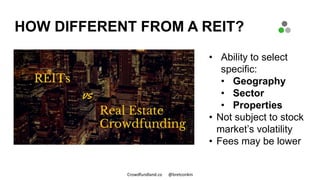 HOW DIFFERENT FROM A REIT?
• Ability to select
specific:
• Geography
• Sector
• Properties
• Not subject to stock
market’s...