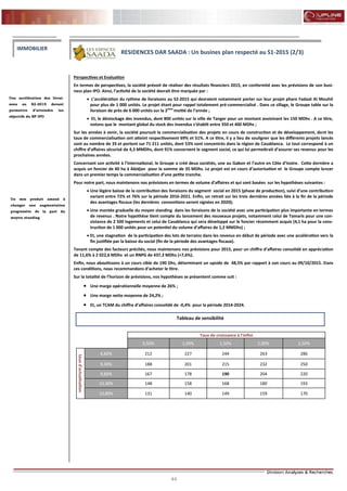 44
FLASH RESULTATS S1-2012
Perspectives et Evaluation
En termes de perspectives, la société prévoit de réaliser des résultats financiers 2015, en conformité avec les prévisions de son busi-
ness plan IPO. Ainsi, l’activité de la société devrait être marquée par :
 L’accélération du rythme de livraisons au S2-2015 qui devraient notamment porter sur leur projet phare Fadaat Al Mouhit
pour plus de 1 000 unités. Le projet étant pour rappel totalement pré-commercialisé . Dans ce sillage, le Groupe table sur la
livraison de près de 6 000 unités sur la 2ème
moitié de l’année ;
 Et, le déstockage des invendus, dont 800 unités sur la ville de Tanger pour un montant avoisinant les 150 MDhs . A ce titre,
notons que le montant global du stock des invendus s’établit entre 350 et 400 MDhs ;
Sur les années à venir, la société poursuit la commercialisation des projets en cours de construction et de développement, dont les
taux de commercialisation ont atteint respectivement 69% et 51%. A ce titre, il y a lieu de souligner que les différents projets lancés
sont au nombre de 33 et portent sur 71 211 unités, dont 53% sont concentrés dans la région de Casablanca. Le tout correspond à un
chiffre d’affaires sécurisé de 4,3 MMDhs, dont 91% concernent le segment social, ce qui lui permettrait d’assurer ses revenus pour les
prochaines années.
Concernant son activité à l’international, le Groupe a créé deux sociétés, une au Gabon et l’autre en Côte d’Ivoire. Cette dernière a
acquis un foncier de 40 ha à Abidjan pour la somme de 35 MDhs. Le projet est en cours d’autorisation et le Groupe compte lancer
dans un premier temps la commercialisation d’une petite tranche.
Pour notre part, nous maintenons nos prévisions en termes de volume d’affaires et qui sont basées sur les hypothèses suivantes :
 Une légère baisse de la contribution des livraisons du segment social en 2015 (phase de production), suivi d’une contribution
variant entre 72% et 76% sur la période 2016-2021. Enfin, un retrait sur les trois dernières années liée à la fin de la période
des avantages fiscaux (les dernières conventions seront signées en 2020);
 Une montée graduelle du moyen standing dans les livraisons de la société avec une participation plus importante en termes
de revenus . Notre hypothèse tient compte du lancement des nouveaux projets, notamment celui de Tamaris pour une con-
sistance de 2 500 logements et celui de Casablanca qui sera développé sur le foncier récemment acquis (4,1 ha pour la cons-
truction de 1 000 unités pour un potentiel du volume d’affaires de 1,2 MMDhs) ;
 Et, une stagnation de la participation des lots de terrains dans les revenus en début de période avec une accélération vers la
fin justifiée par la baisse du social (fin de la période des avantages fiscaux).
Tenant compte des facteurs précités, nous maintenons nos prévisions pour 2015, pour un chiffre d’affaires consolidé en appréciation
de 11,6% à 2 022,6 MDhs et un RNPG de 437,3 MDhs (+7,6%).
Enfin, nous aboutissons à un cours cible de 190 Dhs, déterminant un upside de 48,5% par rapport à son cours au 09/10/2015. Dans
ces conditions, nous recommandons d’acheter le titre.
Sur la totalité de l’horizon de prévisions, nos hypothèses se présentent comme suit :
 Une marge opérationnelle moyenne de 26% ;
 Une marge nette moyenne de 24,2% ;
 Et, un TCAM du chiffre d’affaires consolidé de -0,4% pour la période 2014-2024.
IMMOBILIER
RESIDENCES DAR SAADA : Un busines plan respecté au S1-2015 (2/3)
Tableau de sensibilité
Un mix produit amené à
changer une augmentation
progressive de la part du
moyen standing
Une accélération des livrai-
sons au S2-2015 devant
permettre d’atteindre les
objectifs du BP IPO
Taux de croissance à l'infini
0,50% 1,00% 1,50% 2,00% 2,50%
tauxd'actualisation
8,80% 212 227 244 263 286
9,30% 188 201 215 232 250
9,80% 167 178 190 204 220
10,30% 148 158 168 180 193
10,80% 131 140 149 159 170
 