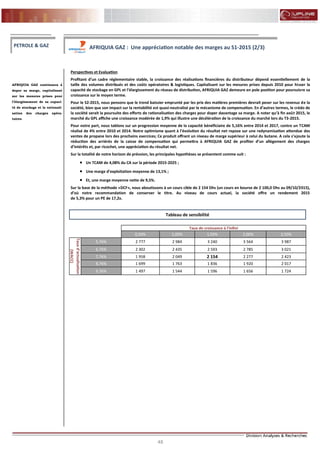 48
FLASH RESULTATS S1-2012
Perspectives et Evaluation
Profitant d’un cadre réglementaire stable, la croissance des réalisations financières du distributeur dépend essentiellement de la
taille des volumes distribués et des coûts opératoires & logistiques. Capitalisant sur les mesures prises depuis 2010 pour hisser la
capacité de stockage en GPL et l’élargissement du réseau de distribution, AFRIQUIA GAZ demeure en pole position pour poursuivre sa
croissance sur le moyen terme.
Pour le S2-2015, nous pensons que le trend baissier emprunté par les prix des matières premières devrait peser sur les revenus de la
société, bien que son impact sur la rentabilité est quasi-neutralisé par le mécanisme de compensation. En d’autres termes, le crédo de
la société serait la poursuite des efforts de rationalisation des charges pour doper davantage sa marge. A noter qu’à fin août 2015, le
marché du GPL affiche une croissance modérée de 1,9% qui illustre une décélération de la croissance du marché lors du T3-2015.
Pour notre part, nous tablons sur un progression moyenne de la capacité bénéficiaire de 5,16% entre 2014 et 2017, contre un TCAM
réalisé de 4% entre 2010 et 2014. Notre optimisme quant à l’évolution du résultat net repose sur une redynamisation attendue des
ventes de propane lors des prochains exercices; Ce produit offrant un niveau de marge supérieur à celui du butane. A cela s’ajoute la
réduction des arriérés de la caisse de compensation qui permettra à AFRIQUIA GAZ de profiter d’un allègement des charges
d’intérêts et, par ricochet, une appréciation du résultat net.
Sur la totalité de notre horizon de prévsion, les principales hypothèses se présentent comme suit :
 Un TCAM de 4,08% du CA sur la période 2015-2025 ;
 Une marge d’exploitation moyenne de 13,1% ;
 Et, une marge moyenne nette de 9,5%.
Sur la base de la méthode «DCF», nous aboutissons à un cours cible de 2 154 Dhs (un cours en bourse de 2 100,0 Dhs au 09/10/2015),
d’où notre recommandation de conserver le titre. Au niveau de cours actuel, la société offre un rendement 2015
de 5,3% pour un PE de 17,2x.
AFRIQUIA GAZ continuera à
doper sa marge, capitalisant
sur les mesures prises pour
l’élargissement de sa capaci-
té de stockage et la rationali-
sation des charges opéra-
toires
PETROLE & GAZ AFRIQUIA GAZ : Une appréciation notable des marges au S1-2015 (2/3)
Taux de croissance à l'infini
0,50% 1,00% 1,50% 2,00% 2,50%
Tauxd’actualisation
(WACC)
5,76% 2 777 2 984 3 240 3 564 3 987
6,76% 2 302 2 435 2 593 2 785 3 021
7,76% 1 958 2 049 2 154 2 277 2 423
8,76% 1 699 1 763 1 836 1 920 2 017
9,76% 1 497 1 544 1 596 1 656 1 724
Tableau de sensibilité
 