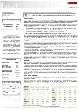 64
TAQA MOROCCO : Quand disponibilité rime avec performance (1/3)
Analyse des résultats :
Sur le plan sectoriel, le volume national de production de l’énergie électrique s’est apprécié de +7,1% pour une énergie
appelée nette en amélioration de +2,3% à 16 575 GWh au S1-2015. Dans ce contexte, le premier producteur national privé
capitalise sur sa maîtrise opérationnelle pour afficher des performances largement supérieures aux prévisions IPO.
En effet, malgré une baisse du taux de disponibilité des unités 1 à 4 (révision majeure planifiée pour l’unité 4), TAQA
MOROCCO parvient à clôturer le 1er
semestre sur une croissance de son chiffre d’affaires consolidé de +38,5% à
4 355,8 MDhs, grâce à :
 L’augmentation du taux de disponibilité des unités 5 et 6 à 96,6%, (Vs. 91,5% au S1-2014), compensant de ce fait la
baisse du taux de disponibilité des unités 1 à 4 à 86,6% (Vs. 90,8% au S1-2014) ;
 L’appréciation du cours du dollar qui a contribué à l’amélioration des frais d’énergie ;
 Et, un effet année de base favorable puisque les unités 5&6 n’ont été mises en service qu’au T2-2014.
Sur le plan opérationnel, TAQA MOROCCO a produit près de 7 292 GWh au S1-2015, en hausse de 27,8% par rapport à
l‘exercice précédent, portant ainsi le chiffre d’affaires par MWh à 59,74 cts, en augmentation de 8,4%. A elles seules, les
unités 5&6 ont produit près de 2 547 GWh, contre 652 GWh au S1-2014. En termes de composants du chiffre d’affaires, les
frais de puissance s’élèvent à 2 144 MDhs, en progression de +67,5% et les frais d’énergie progressent de +20,7% à
2 116 MDhs.
Dans ce contexte, le résultat d’exploitation consolidé atteint 1 286 MDhs, en hausse de 42,6% et ce, en dépit de la compta-
bilisation au S1-2014 d’une compensation financière de 378 MDhs liée au retard de livraison des unités 5&6. Cette perfor-
mance s’est traduite par une appréciation de la marge d’exploitation de 0,8 pt à 29,5%.
Sur un autre plan, le résultat financier creuse son déficit à -407,9 MDhs, contre -190,3 MDhs un an auparavant, tandis que
le résultat non courant demeure stable à -3,5 MDhs.
Il en découle un résultat net part du Groupe en hausse de 15,6%, à 445,3 MDhs. Calculée sur la base du résultat consolidé,
la marge nette se contracte à 14,1%, contre 15,8% un an auparavant.
Au niveau des agrégats bilanciels, le fonds de roulement du Groupe TAQA MOROCCO atteint 4 149,0 MDhs à fin Juin 2015,
contre 4 267,6 MDhs à fin 2014. Cette variation intègre une croissance modérée des actifs immobilisés de 0,6% à
16 796 MDhs et une légère contraction des financements permanents de 0,1% à 20 945 MDhs. Parallèlement, le BFR at-
teint 804,7 MDhs, en chute de 46,9%, profitant d’une hausse du Passif Circulant de 27,9% à 3 711 MDhs, couplée à une
hausse modérée de l’Actif Circulant de 2,2% à 4 515,9 MDhs. Il en découle une trésorerie nette de 3 344,3 MDhs, contre 2
751 MDhs un an auparavant.
Upline view :
Après près de deux ans de cotation, TAQA MOROCCO tient sa promesse en réalisant l’essentiel des objectifs de son Busi-
ness Plan IPO. Ce constat renforce la confiance des investisseurs dans un marché en perte de vitesse.
Profitant de l’efficacité opérationnelle de ses équipes, TAQA MOROCCO continue d’afficher des taux de disponibilité
honorables (86,6% pour les unités 1 à 4 au S1-2015) malgré l’arrêt de 42 jours de l’unité 4 pour maintenance programmée.
Cette maîtrise industrielle demeure primordiale pour le producteur, dans l’absence de risque commercial, du fait de la
nature du contrat liant TAQA Morocco à l’ONEE (Contrat Take or pay avec des tarifs prédéfinis sur une longue période).
Dans un autre registre, et avec la fin de son cycle majeur d’investissement, TAQA continue d’accumuler des excédents im-
portants de trésorerie qui, en cas d’absence d’opportunités, pourrait faire l’objet d’une nouvelle distribution exceptionnelle
de dividende.
Résultat de notre valorisation :
Sur la base de la méthode « DCF », nous aboutissons à un cours cible de 607 Dhs, d’où notre recommandation
de se renforcer sur le titre.
Pour l’année 2015, la masse bénéficiaire devrait croître de 11,8% à 893,3 MDhs. A ce niveau de résultat et en dépit de la
hausse du cours en 2015, la société continue d’offrir un PER attractif de 14,7x, appuyé par un rendement de
5,0% en 2015 (soit un niveau supérieur au rendement des bons de trésor à 10 ans de 1,4 Pt).
Ahmed ROCHD
Mail : ARochd@cpm.co.ma
Nasreddine LAZRAK
Mail : NLazrak@cpm.co.ma
Cours au 09/10/15 557,9
Cours cible en Dhs 607
Upside/ Downside +8,8%
Code Bloomberg TQM:MC
Code Reuters JLC.CS
Cours (En Dhs) 557,90
Plus haut YTD (En Dhs) 565,00
Plus bas YTD (En Dhs) 424,05
Nombre d'actions 23 588 542
Cap Boursière (en MDhs) 13 160,05
Flottant( En nombre d'ac-
tions et en %)
2 358 854 (10%)
Poids dans l'indice 19,0%
Volume moyen quotidien
YTD (En MDhs)
2,34
Performance YTD 31,3%
Données finan-
cières (Conso)
S1-2014 S1-2015 2015p 2016p
CA (MDhs) 3 145,3 4 355,8 8 793,0 9 166,7
Var (%) 34,0% 38,5% 18,6 4,2
EBITDA* (MDhs) 1256,4 1757,0 3 577,3 3 644,1
Var (%) 125,4% 39,8% 17,3 1,9
EBIT (MDhs) 902,0 1 286,0 2 677,9 2 771,9
Var (%) 188,9% 42,6% 21,5 3,5
RNPG (MDhs) 385,2 445,3 893,3 921,2
Var (%) 279,2% 15,6% 11,8 3,1
Ratios 2013 2014 2015p 2016p
P/E (X) 27,1 12,6 14,7 14,3
P/B (X) 1,7 2,2 2,6 2,5
D/Y (%) 23,5 5,2 5,0 6,2
FCF yield (/ NS 5,4 20,2 20,7
EV/CA (X) 4,2 3,1 2,9 2,7
EV/EBIT (X) 26,7 10,4 9,5 8,9
EV/IC (X) 1,2 1,3 1,4 1,4
ROIC/WACC 0,5 1,2 1,4 1,5
Renforcer
Source : TAQA MOROCCO et Division Analyses & recherches
Données boursières
Force relative TQM Vs. MASI
Présentation de la société
ELECTRICITE
Filiale de TAQA Abu Dhabi, TAQA MO-
ROCCO (ex : JLEC) est le principal pro-
ducteur privé d’électricité au Maroc.
L’entreprise dispose de 4 unités an-
ciennes de production d’électricité à
base du charbon, en plus de 2 unités
nouvelles (5&6). La capacité totale de
production s’élève à 2 056 MWh pour
les 6 unités. TAQA MOROCCO est liée à
l’ONEE par un Contrat de Fourniture
d’Energie Electrique qui porte sur l’ex-
ploitation des unités 1 à 4 jusqu’en
2027 et des unités 5 & 6 jusqu’en 2044.
*Tel que calculé par la Division Analyses et Recherches
80
90
100
110
120
130
140
déc.-14 janv.-15 févr.-15 mars-15 avr.-15 mai-15 juin-15 juil.-15 août-15 sept.-15
TQM MASI
Plusbasdel'année:
424,05Dhs
Plushautdel'année:
565,0Dhs
TQM: +31,3%
MASI:-6,2%
 