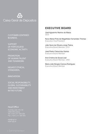 2015 Full Year Report2
Head Office
Avenida João XXI, 63
1000-300 Lisboa
Tel: (+351) 217 953 000
Fax: (+351) 217 905 050
cgd@cgd.pt
www.cgd.pt
EXECUTIVE BOARD
José Agostinho Martins de Matos
CEO
Nuno Maria Pinto de Magalhães Fernandes Thomaz
Executive Vice-President
João Nuno de Oliveira Jorge Palma
Executive Board Member, CFO
José Pedro Cabral dos Santos
Executive Board Member
Ana Cristina de Sousa Leal
Executive Board Member, CRO
Maria João Borges Carioca Rodrigues
Executive Board Member
CUSTOMER-CENTERED
BUSINESS.
SUPPORT
OF PORTUGUESE
ECONOMIC ACTIVITY.
PROMOTION
OF HUMAN TALENT
AND TEAMWORK.
HIGHEST ETHICAL
STANDARDS.
INNOVATION.
SOCIAL RESPONSIBILITY,
GLOBAL SUSTAINABILITY
AND INVESTMENT
IN THE FUTURE.
 