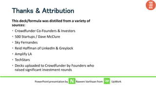 Thanks & Attribution
This deck/formula was distilled from a variety of
sources:
• Crowdfunder Co-Founders & Investors
• 500 Startups / Dave McClure
• Sky Fernandes
• Reid Hoffman of LinkedIn & Greylock
• Amplify LA
• TechStars
• Decks uploaded to Crowdfunder by Founders who
raised significant investment rounds
 