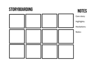 storyboarding notes
Core story:
Highlights:
Hesitations:
Notes:
 