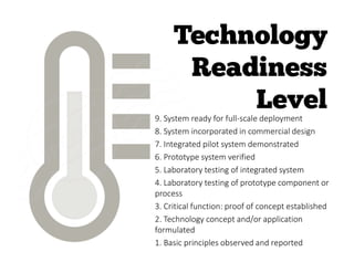 9. System ready for full-scale deployment
8. System incorporated in commercial design
7. Integrated pilot system demonstrated
6. Prototype system verified
5. Laboratory testing of integrated system
4. Laboratory testing of prototype component or
process
3. Critical function: proof of concept established
2. Technology concept and/or application
formulated
1. Basic principles observed and reported
 