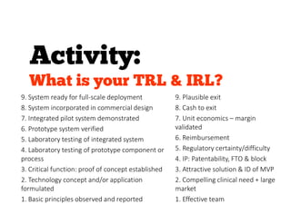 9. Plausible exit
8. Cash to exit
7. Unit economics – margin
validated
6. Reimbursement
5. Regulatory certainty/difficulty
4. IP: Patentability, FTO & block
3. Attractive solution & ID of MVP
2. Compelling clinical need + large
market
1. Effective team
9. System ready for full-scale deployment
8. System incorporated in commercial design
7. Integrated pilot system demonstrated
6. Prototype system verified
5. Laboratory testing of integrated system
4. Laboratory testing of prototype component or
process
3. Critical function: proof of concept established
2. Technology concept and/or application
formulated
1. Basic principles observed and reported
 