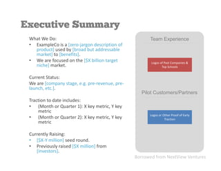 What We Do:
• ExampleCo is a [zero-jargon description of
product] used by [broad but addressable
market] to [benefits].
• We are focused on the [$X billion target
niche] market.
Current Status:
We are [company stage, e.g. pre-revenue, pre-
launch, etc.].
Traction to date includes:
• (Month or Quarter 1): X key metric, Y key
metric
• (Month or Quarter 2): X key metric, Y key
metric
Currently Raising:
• [$X-Y million] seed round.
• Previously raised [$X million] from
[investors].
Team Experience
Pilot Customers/Partners
Logos of Past Companies &
Top Schools
Logos of Past Companies &
Top Schools
Logos or Other Proof of Early
Traction
Logos or Other Proof of Early
Traction
Borrowed from NextView Ventures
 