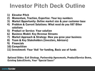 Investor Pitch Deck Outline
1) Elevator Pitch
2) Momentum, Traction, Expertise: Your key numbers
3) Market Opportunity: Define market size & your customer base
4) Problem & Current Solutions: What need do you fill? Other
solutions
5) Product or Service: Your solution
6) Business Model: Key Revenue Streams
7) Market Approach & Strategy: How you grow your business
8) Team & Key Stakeholders (Investors, Advisors)
9) Financials
10) Competition
11) Investment: Your ‘Ask’ for funding, Basic use of funds
Optional Slides: Exit Strategy, Partnership Agreements, Product/Service Demo,
Existing Sales/Clients, Your “Special Sauce”
 