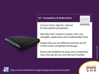 10 – Competitors & Wallet Share
©FraserJHay,2020
List your local, regional, national
& international competitors.
Describe...