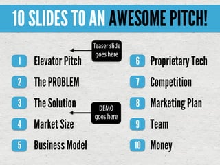 10 SLIDES TO AN AWESOME PITCH!
                     Teaser slide
                      goes here
1   Elevator Pitch                  6    Proprietary Tech
2   The PROBLEM                     7    Competition
3   The Solution      DEMO
                                    8    Marketing Plan
                     goes here
4   Market Size                     9    Team
5   Business Model                  10   Money
 