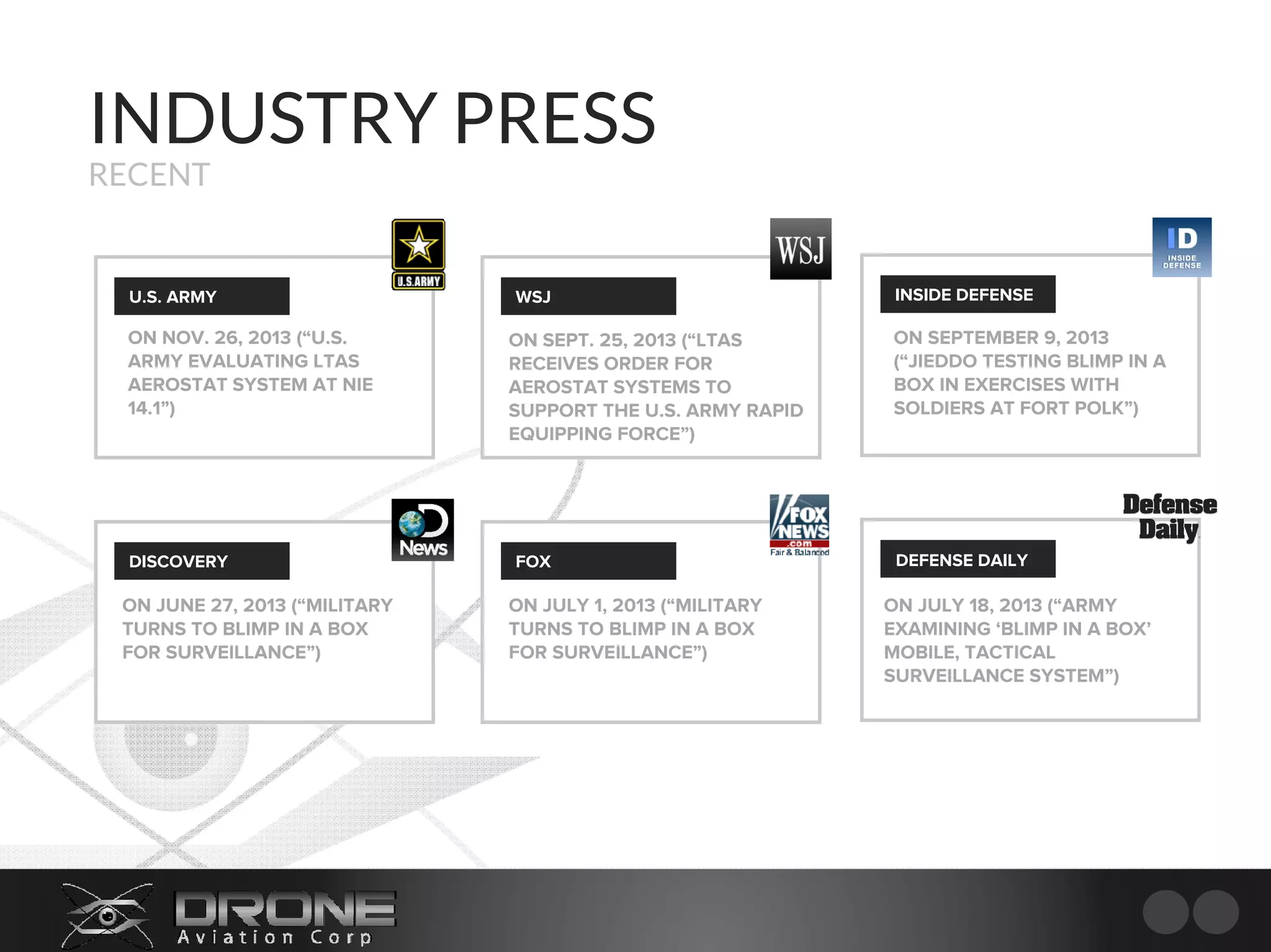 INDUSTRY PRESS
RECENT
INSIDE DEFENSEU.S. ARMY WSJ
ON SEPTEMBER 9, 2013
(“JIEDDO TESTING BLIMP IN A
BOX IN EXERCISES WITH
SOLDIERS AT FORT POLK”)
ON NOV. 26, 2013 (“U.S.
ARMY EVALUATING LTAS
AEROSTAT SYSTEM AT NIE
14.1”)
ON SEPT. 25, 2013 (“LTAS
RECEIVES ORDER FOR
AEROSTAT SYSTEMS TO
SUPPORT THE U.S. ARMY RAPID
EQUIPPING FORCE”)
FOX DEFENSE DAILYDISCOVERY
ON JUNE 27, 2013 (“MILITARY
TURNS TO BLIMP IN A BOX
FOR SURVEILLANCE”)
ON JULY 18, 2013 (“ARMY
EXAMINING ‘BLIMP IN A BOX’
MOBILE, TACTICAL
SURVEILLANCE SYSTEM”)
ON JULY 1, 2013 (“MILITARY
TURNS TO BLIMP IN A BOX
FOR SURVEILLANCE”)
 