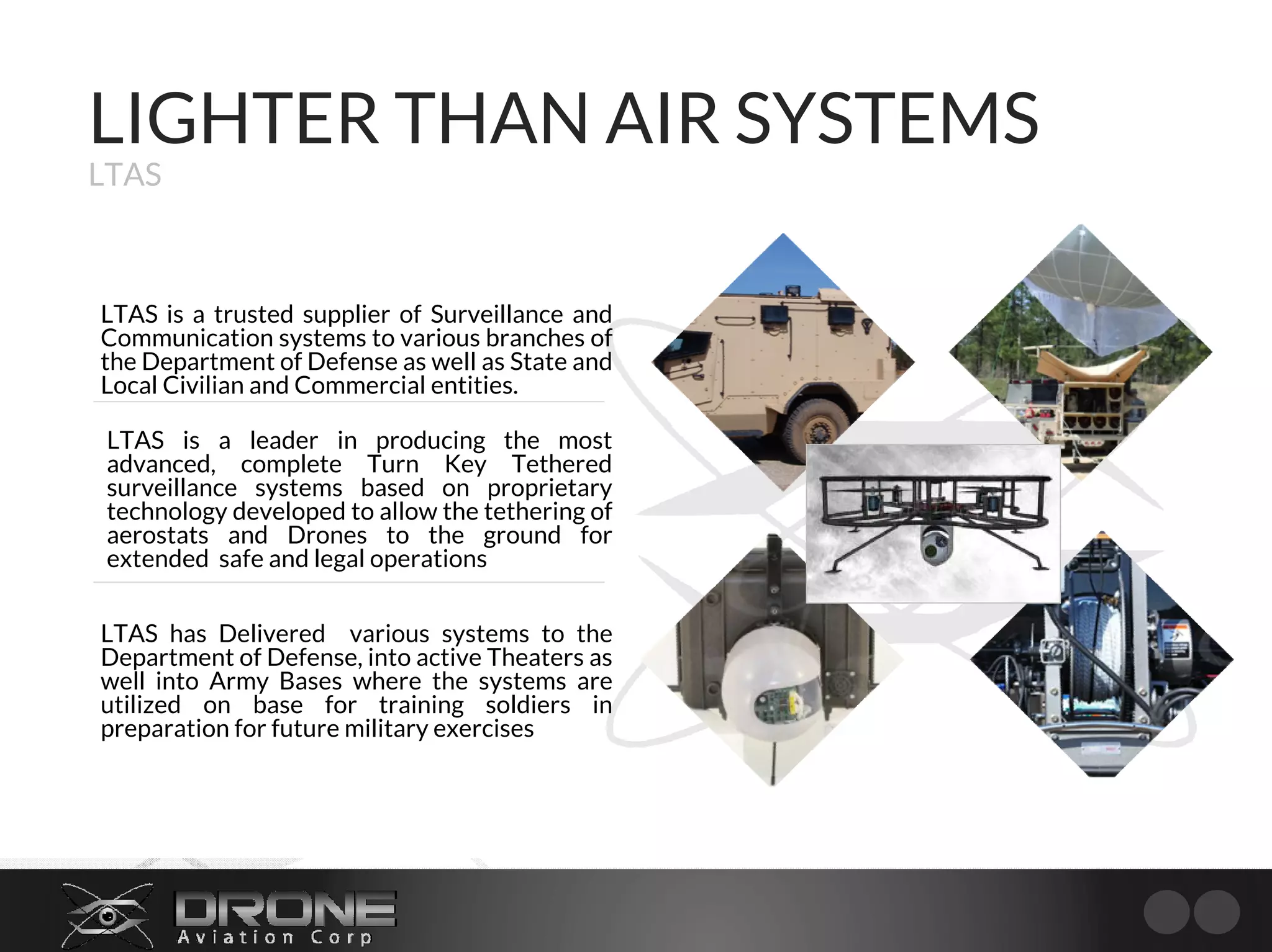 LIGHTER THAN AIR SYSTEMS
LTAS
LTAS is a trusted supplier of Surveillance and
Communication systems to various branches of
the Department of Defense as well as State and
Local Civilian and Commercial entities.
LTAS is a leader in producing the most
advanced, complete Turn Key Tethered
surveillance systems based on proprietary
technology developed to allow the tethering of
aerostats and Drones to the ground for
extended safe and legal operations
LTAS has Delivered various systems to the
Department of Defense, into active Theaters as
well into Army Bases where the systems are
utilized on base for training soldiers in
preparation for future military exercises
 