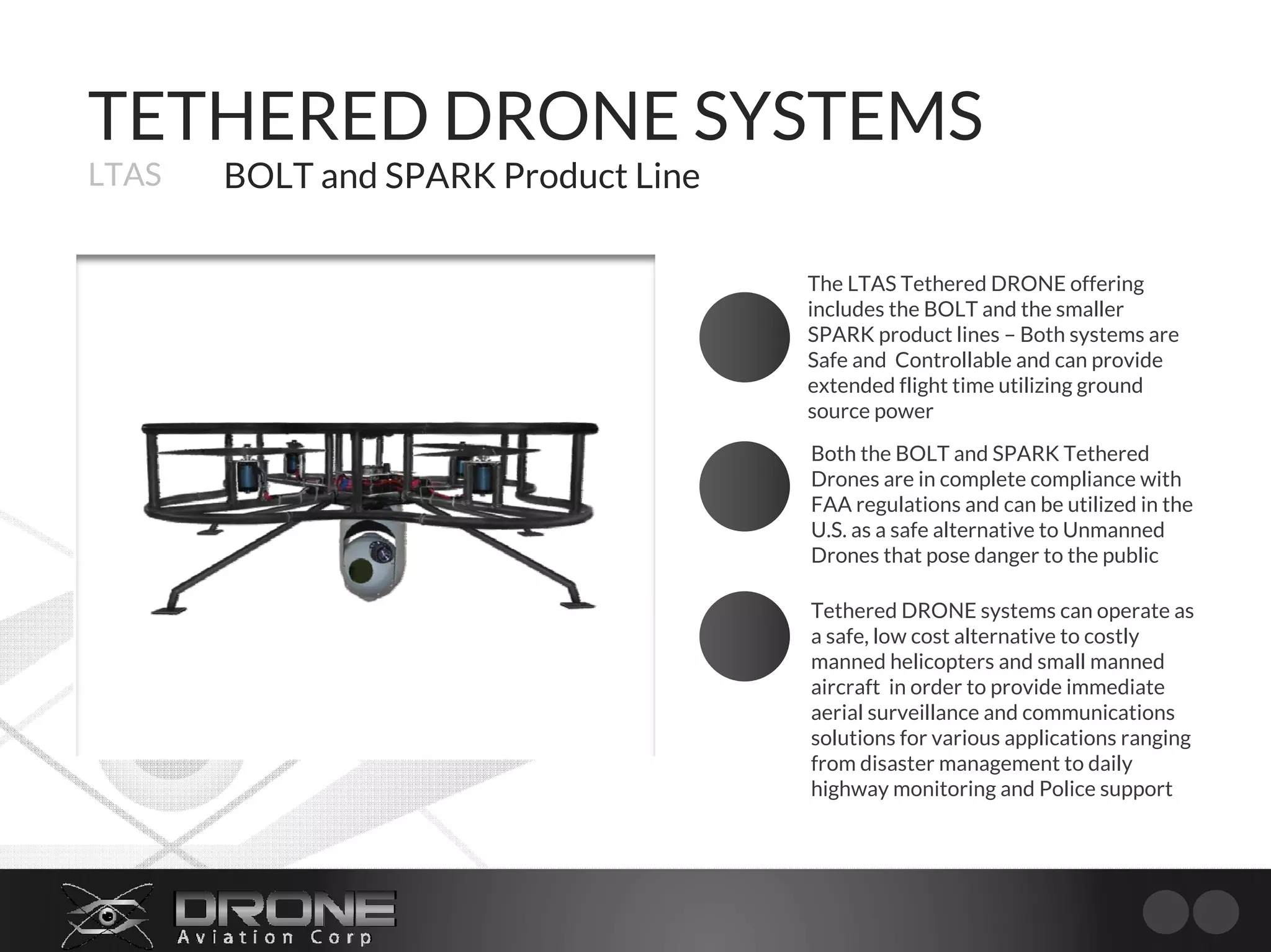 TETHERED DRONE SYSTEMS
LTAS BOLT and SPARK Product Line
Both the BOLT and SPARK Tethered
Drones are in complete compliance with
FAA regulations and can be utilized in the
U.S. as a safe alternative to Unmanned
Drones that pose danger to the public
The LTAS Tethered DRONE offering
includes the BOLT and the smaller
SPARK product lines – Both systems are
Safe and Controllable and can provide
extended flight time utilizing ground
source power
Tethered DRONE systems can operate as
a safe, low cost alternative to costly
manned helicopters and small manned
aircraft in order to provide immediate
aerial surveillance and communications
solutions for various applications ranging
from disaster management to daily
highway monitoring and Police support
 