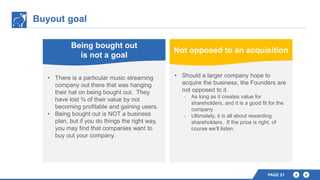 Buyout goal
PAGE 21
• Should a larger company hope to
acquire the business, the Founders are
not opposed to it.
- As long as it creates value for
shareholders, and it is a good fit for the
company.
- Ultimately, it is all about rewarding
shareholders. If the price is right, of
course we’ll listen.
Not opposed to an acquisition
• There is a particular music streaming
company out there that was hanging
their hat on being bought out. They
have lost ¾ of their value by not
becoming profitable and gaining users.
• Being bought out is NOT a business
plan, but if you do things the right way,
you may find that companies want to
buy out your company.
Being bought out
is not a goal
 