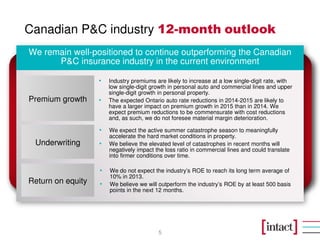 Canadian P&C industry 12-month outlook
5
We remain well-positioned to continue outperforming the Canadian
P&C insurance industry in the current environment
Premium growth
Return on equity
• We expect the active summer catastrophe season to meaningfully
accelerate the hard market conditions in property.
• We believe the elevated level of catastrophes in recent months will
negatively impact the loss ratio in commercial lines and could translate
into firmer conditions over time.
• Industry premiums are likely to increase at a low single-digit rate, with
low single-digit growth in personal auto and commercial lines and upper
single-digit growth in personal property.
• The expected Ontario auto rate reductions in 2014-2015 are likely to
have a larger impact on premium growth in 2015 than in 2014. We
expect premium reductions to be commensurate with cost reductions
and, as such, we do not foresee material margin deterioration.
Underwriting
• We do not expect the industry’s ROE to reach its long term average of
10% in 2013.
• We believe we will outperform the industry’s ROE by at least 500 basis
points in the next 12 months.
 