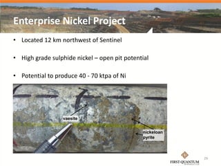 Enterprise Nickel Project
• Located 12 km northwest of Sentinel

• High grade sulphide nickel – open pit potential

• Potential to produce 40 - 70 ktpa of Ni




                  vaesite


                                              nickeloan
                                              pyrite



                                                          29
 