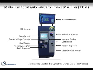 Multi-Functional Automated Commerce Machines (ACM)
Machines are Located throughout the United States (not Canada)
32” LCD Monitor
Bio-metric Scanner
Numeric Key Pad
Card Printer
HD Camera
Touch Screen
Card Reader
Currency Acceptor Receipt Dispenser
Cash Dispenser
Biometric Finger Scanner
Label or Ticket Printer
 