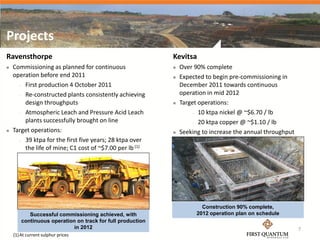 Projects
Ravensthorpe                                                Kevitsa
   Commissioning as planned for continuous                    Over 90% complete
    operation before end 2011                                  Expected to begin pre-commissioning in
       First production 4 October 2011                         December 2011 towards continuous
       Re-constructed plants consistently achieving            operation in mid 2012
        design throughputs                                     Target operations:
       Atmospheric Leach and Pressure Acid Leach                    10 ktpa nickel @ ~$6.70 / lb

        plants successfully brought on line                          20 ktpa copper @ ~$1.10 / lb

   Target operations:                                         Seeking to increase the annual throughput
       39 ktpa for the first five years; 28 ktpa over          capacity by 50% to 7.5 Mtpa
        the life of mine; C1 cost of ~$7.00 per lb (1)         On-going drill program continues to deliver
                                                                encouraging results




                                                                         Construction 90% complete,
           Successful commissioning achieved, with                     2012 operation plan on schedule
        continuous operation on track for full production
                            in 2012                                                                           7
    (1) At current sulphur prices
 
