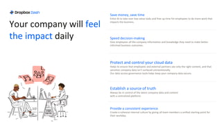 Your company will feel
the impact daily
Save money, save time
Enlist AI to take over low-value tasks and free up time for employees to do more work that
impacts the business.
Speed decision-making
Give employees all the company information and knowledge they need to make better
informed business outcomes.
Protect and control your cloud data
Helps to ensure that employees and external partners see only the right content, and that
sensitive company data isn’t surfaced unintentionally.
Our data access governance tools helps keep your company data secure.
Establish a source of truth
Always be in control of the latest company data and content
with a centralized platform.
Provide a consistent experience
Create a cohesive internal culture by giving all team members a unified starting point for
their workday.
 