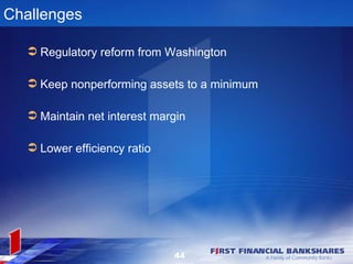 Challenges

   Regulatory reform from Washington

   Keep nonperforming assets to a minimum

   Maintain net interest margin

   Lower efficiency ratio




                             44
 