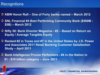 Recognitions

 KBW Honor Roll – One of Forty banks named – March 2012

 SNL Financial #4 Best Performing Community Bank ($500M -
  $5B) – March 2012

 Nifty 50: Bank Director Magazine - #2 – Based on Return on
  Equity / Average Tangible Equity

 Ranked #2 in Texas and #7 in the United States by J.D. Power
  and Associates 2011 Retail Banking Customer Satisfaction
  Study – April 2011

 Bank Intelligence Proven Performers - #4 in the Nation in
  $1 - $10 billion category – June 2011



                                  5
 