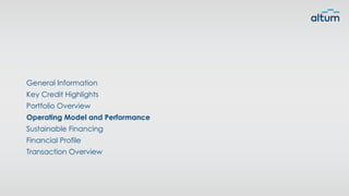General Information
Key Credit Highlights
Portfolio Overview
Operating Model and Performance
Sustainable Financing
Financial Profile
Transaction Overview
 