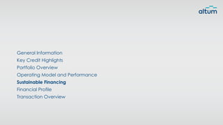 General Information
Key Credit Highlights
Portfolio Overview
Operating Model and Performance
Sustainable Financing
Financial Profile
Transaction Overview
 