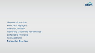 General Information
Key Credit Highlights
Portfolio Overview
Operating Model and Performance
Sustainable Financing
Financial Profile
Transaction Overview
 