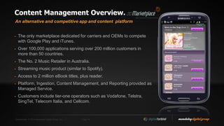 Confidential. © 2014 Mandalay Digital Group, Inc. Page 15
Content Management Overview.
 The only marketplace dedicated for carriers and OEMs to compete
with Google Play and iTunes.
 Over 100,000 applications serving over 200 million customers in
more than 50 countries.
 The No. 2 Music Retailer in Australia.
 Streaming music product (similar to Spotify).
 Access to 2 million eBook titles, plus reader.
 Platform, Ingestion, Content Management, and Reporting provided as
Managed Service.
 Customers include tier-one operators such as Vodafone, Telstra,
SingTel, Telecom Italia, and Cellcom.
An alternative and competitive app and content platform
 