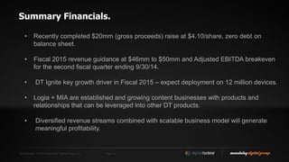Confidential. © 2014 Mandalay Digital Group, Inc. Page 24
Summary Financials.
• Completed $20mm (gross proceeds) raise at $4.10/share in early March 2014, zero
debt on balance sheet.
• Fiscal 2015 revenue guidance at $46mm to $50mm and Adjusted EBITDA positive for
the full second fiscal quarter ending 9/30/14.
• DT Ignite key growth driver in Fiscal 2015 – expect deployment on 12 million devices.
• Logia + MIA are established and growing content businesses with products and
relationships that can be leveraged into other DT products.
• Diversified revenue streams combined with scalable business model will generate
meaningful profitability.
 