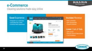 e-Commerce
Cleaning solutions made easy online
• Empower our customers
• Anticipate their needs
• Enhance their experience
Good Experience Increase Revenue
• New customers
• New geographies
• Expand products
Lower Cost of Sale
• Self-service
• Reduce manual interventions
• Cost avoidance
18
 