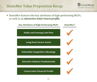 22
Stable and Growing Cash Flow
Key Attributes of High-Performing MLPs StoneMor?
Long-lived, Secure Assets
Defensible Competitive Advantage
Attractive Industry Fundamentals
Conservative Financial Profile
 StoneMor features the key attributes of high-performing MLPs,
as well as an attractive total return profile.
StoneMor Value Proposition Recap
 