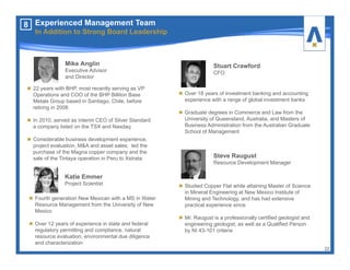 22
8 Experienced Management Team
In Addition to Strong Board Leadership
Steve Raugust
Resource Development Manager
Studied Copper Flat while attaining Master of Science
in Mineral Engineering at New Mexico Institute of
Mining and Technology, and has had extensive
practical experience since
Mr. Raugust is a professionally certified geologist and
engineering geologist, as well as a Qualified Person
by NI 43-101 criteria
Katie Emmer
Project Scientist
Fourth generation New Mexican with a MS in Water
Resource Management from the University of New
Mexico
Over 12 years of experience in state and federal
regulatory permitting and compliance, natural
resource evaluation, environmental due diligence
and characterization
22 years with BHP, most recently serving as VP
Operations and COO of the BHP Billiton Base
Metals Group based in Santiago, Chile, before
retiring in 2008
In 2010, served as interim CEO of Silver Standard
a company listed on the TSX and Nasdaq
Considerable business development experience,
project evaluation, M&A and asset sales; led the
purchase of the Magna copper company and the
sale of the Tintaya operation in Peru to Xstrata
Mike Anglin
Executive Advisor
and Director
Stuart Crawford
CFO
Over 18 years of investment banking and accounting
experience with a range of global investment banks
Graduate degrees in Commerce and Law from the
University of Queensland, Australia, and Masters of
Business Administration from the Australian Graduate
School of Management
 