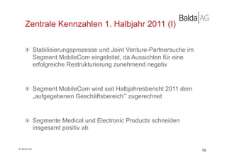 Zentrale Kennzahlen 1. Halbjahr 2011 (I)


         !   Stabilisierungsprozesse und Joint Venture-Partnersuche im
             Segment MobileCom eingeleitet, da Aussichten für eine
             erfolgreiche Restrukturierung zunehmend negativ


         !   Segment MobileCom wird seit Halbjahresbericht 2011 dem
             „aufgegebenen Geschäftsbereich zugerechnet


         !   Segmente Medical und Electronic Products schneiden
             insgesamt positiv ab


©	
  Balda	
  AG	
  
                                                                         10
 