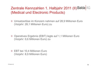 Zentrale Kennzahlen 1. Halbjahr 2011 (II)
         (Medical und Electronic Products)

         !   Umsatzerlöse im Konzern nahmen auf 28,9 Millionen Euro
             (Vorjahr: 28,1 Millionen Euro) zu



         !   Operatives Ergebnis (EBIT) legte auf 1,1 Millionen Euro
             (Vorjahr: 0,6 Millionen Euro) zu



         !   EBT bei 10,4 Millionen Euro
             (Vorjahr: 8,9 Millionen Euro)


©	
  Balda	
  AG	
  
                                                                       11
 