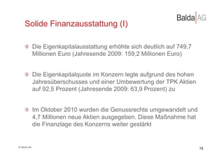 Solide Finanzausstattung (I)

         !   Die Eigenkapitalausstattung erhöhte sich deutlich auf 749,7
             Millionen Euro (Jahresende 2009: 159,2 Millionen Euro)


         !   Die Eigenkapitalquote im Konzern legte aufgrund des hohen
             Jahresüberschusses und einer Umbewertung der TPK Aktien
             auf 92,5 Prozent (Jahresende 2009: 63,9 Prozent) zu


         !   Im Oktober 2010 wurden die Genussrechte umgewandelt und
             4,7 Millionen neue Aktien ausgegeben. Diese Maßnahme hat
             die Finanzlage des Konzerns weiter gestärkt


©	
  Balda	
  AG	
  
                                                                           15
 