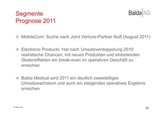 Segmente
    Prognose 2011

     !   MobileCom: Suche nach Joint Venture-Partner läuft (August 2011)

     !   Electronic Products: Hat nach Umsatzverdoppelung 2010
         realistische Chancen, mit neuen Produkten und eintretenden
         Skaleneffekten ein break-even im operativen Geschäft zu
         erreichen

     !   Balda Medical wird 2011 ein deutlich zweistelliges
         Umsatzwachstum und auch ein steigendes operatives Ergebnis
         erreichen



©	
  Balda	
  AG	
  
                                                                      23
 