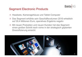Segment Electronic Products
           !   Headsets, Kameragehäuse und Tablet Computer
           !   Das Segment erhöhte sein Geschäftsvolumen 2010 erheblich
               auf 35,4 Millionen Euro, operatives Ergebnis negativ
           !   Mit neuen Produkten und neuen Kunden hat das Segment
               einen großen Schritt nach vorne in der strategisch geplanten
               Diversifizierung erreicht




©	
  Balda	
  AG	
  
                                                                              1125
 