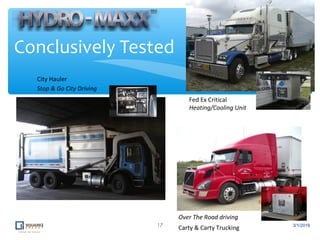 17
Conclusively Tested
Carty & Carty Trucking
Fed Ex Critical
City Hauler
Over The Road driving
Stop & Go City Driving
Heating/Cooling Unit
3/1/2016
 