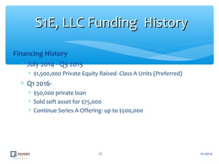 19
S1E, LLC Funding HistoryS1E, LLC Funding History
3/1/2016
Financing History
∗ July 2014 - Q3 2015
∗ $1,500,000 Private Equity Raised- Class A Units (Preferred)
∗ Q1 2016-
∗ $50,000 private loan
∗ Sold soft asset for $75,000
∗ Continue Series A Offering- up to $500,000
 