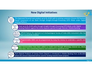 Page 42
New Digital Initiatives
Pre-Approved Personal Loan product up to Rs.10.00 Lakh to existing customers (Canara SB Premium
Payroll Customers) of our Bank through Straight-through-Processing (STP) Mode under Digital
Lending Platform.
Loan up to Rs.10.00 Lakhs through Straight-through-Processing (STP) Mode under Digital
Lending Platform against the online deposits opened through Internet / Mobile Banking.
UPI123 feature for payment to 9 Archaeological Survey of India (ASI) monument sites has
been successfully enabled.
Programmable CBDC can be programmed by tying the money to undertake a specific end
use.
New functionalities have been added to Credit Card through WhatsApp channel viz., Block,
View dues, view outstanding balance and statement to registered email.
Term Deposit Products of Canara Green Deposit is introduced in Mobile Banking from 12.06.2024
where the amount deposited will be used for lending towards Green projects.
Canara
My
Money
Credit Card
in
WhatsApp
Introduction
of
PCBDC
Green
Deposit in
Ai1
UPI 123
Additional
Features
Canara
Ready
Cash
 