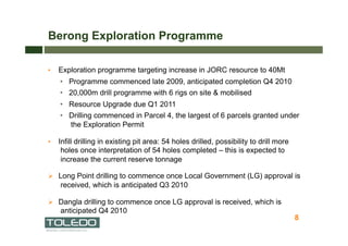 Berong Exploration Programme

•    Exploration programme targeting increase in JORC resource to 40Mt
     •  Programme commenced late 2009, anticipated completion Q4 2010
     •  20,000m drill programme with 6 rigs on site & mobilised
     •  Resource Upgrade due Q1 2011
     •  Drilling commenced in Parcel 4, the largest of 6 parcels granted under
        the Exploration Permit

•    Infill drilling in existing pit area: 54 holes drilled, possibility to drill more
      holes once interpretation of 54 holes completed – this is expected to
      increase the current reserve tonnage

  Long Point drilling to commence once Local Government (LG) approval is
     received, which is anticipated Q3 2010

  Dangla drilling to commence once LG approval is received, which is
     anticipated Q4 2010
                                                                                         8
 