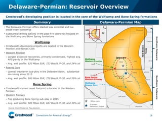 Connections for America’s Energy
™
™
™
™
™
™
Delaware-Permian: Reservoir Overview
19
• The Delaware-Permian offers stacked pay potential and low
break-even economics
• Substantial drilling activity in the past five years has focused on
the Wolfcamp and Bone Spring formations
Wolfcamp
Western Frontier
Bone Spring
Western Fairway
Wolfcamp
Reeves Core
NorthernDelawareSouthernDelaware
Source: Wood Mackenzie May playbook.
Willow Lake
3-Stream
Gathering Project
Summary Delaware-Permian Map
Crestwood’s developing position is located in the core of the Wolfcamp and Bone Spring formations
Wolfcamp
Bone Spring
• Crestwood’s developing projects are located in the Western
Frontier and Reeves Core
• Western Frontier
– Largest expected recoveries, primarily condensate, highest avg.
API gravity in the Wolfcamp
– Avg. well profile: 820 Mboe EUR, 723 Boe/d IP-30, and 24% oil
• Reeves Core
– Lowest breakeven sub-play in the Delaware Basin, substantial
de-risking since 2013
– Avg. well profile: 600 Mboe EUR, 720 Boe/d IP-30, and 59% oil
• Crestwood’s current asset footprint is located in the Western
Fairway
• Western Fairway
– Top producing Bone Spring sub-play in 2015
– Avg. well profile: 589 Mboe EUR, 687 Boe/d IP-30, and 30% oil
 