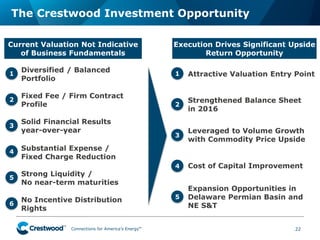 Connections for America’s Energy
™
™
™
™
™
™
The Crestwood Investment Opportunity
No Incentive Distribution
Rights
22
1
Substantial Expense /
Fixed Charge Reduction
2
Solid Financial Results
year-over-year
3
Diversified / Balanced
Portfolio
4
Fixed Fee / Firm Contract
Profile
5
Current Valuation Not Indicative
of Business Fundamentals
Leveraged to Volume Growth
with Commodity Price Upside
1
Cost of Capital Improvement
2
Expansion Opportunities in
Delaware Permian Basin and
NE S&T
3
Strengthened Balance Sheet
in 2016
4
Attractive Valuation Entry Point
5
Execution Drives Significant Upside
Return Opportunity
Strong Liquidity /
No near-term maturities
6
 
