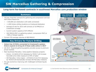 Connections for America’s Energy
™
™
™
™
™
™
•  20-year, fixed-fee contracts for gathering and compression services
with Antero Resources
−  ~140,000 acre dedication (235 wells connected)
−  ~1,850 Antero drilling locations on Crestwood dedication
−  Average IP rate for 2015 well connects of 18 MMcf/d on
Crestwood’s acreage
−  Current system capacity of 875 MMcf/d
−  450 MMcf/d MVC on gathering system; compression MVC at
~50% of design capacity
•  Current YTD average volumes of 480 MMcf/d
SW Marcellus Gathering & Compression
18
Long-term fee-based contracts in southwest Marcellus core production window
Summary
Markwest
Sherwood
Processing Greenbrier
Rich Gas
Area
Crestwood
Dedication Area
Antero Midstream
Dedication Area
Key Drivers for Future Drilling
•  Antero has 22 DUCs connected to Crestwood’s system;
Antero expects to bring all of these wells online in 2017
•  Q4 2015: Regional gathering pipeline provides access to premium
priced markets
•  New Southwest Marcellus / Utica pipeline takeaway projects:
−  Antero: 4.0 Bcf/d of firm takeaway by YE2017 will increase
favorable price index exposure to 94% of sales1
−  SW Marcellus / Utica region: >20 Bcf/d of new firm takeaway
by YE2018 will dramatically increase SW Marcellus netbacks
•  Dry gas economics improving with challenged northeast liquids
prices
(1)  See November Antero Resources company presentation.
 