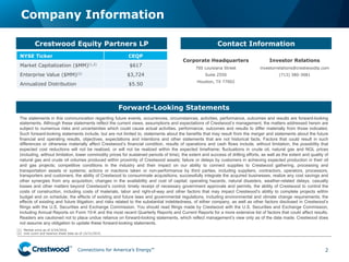 Connections for America’s Energy
™
™
™
™
™
™
The statements in this communication regarding future events, occurrences, circumstances, activities, performance, outcomes and results are forward-looking
statements. Although these statements reflect the current views, assumptions and expectations of Crestwood’s management, the matters addressed herein are
subject to numerous risks and uncertainties which could cause actual activities, performance, outcomes and results to differ materially from those indicated.
Such forward-looking statements include, but are not limited to, statements about the benefits that may result from the merger and statements about the future
financial and operating results, objectives, expectations and intentions and other statements that are not historical facts. Factors that could result in such
differences or otherwise materially affect Crestwood’s financial condition, results of operations and cash flows include, without limitation, the possibility that
expected cost reductions will not be realized, or will not be realized within the expected timeframe; fluctuations in crude oil, natural gas and NGL prices
(including, without limitation, lower commodity prices for sustained periods of time); the extent and success of drilling efforts, as well as the extent and quality of
natural gas and crude oil volumes produced within proximity of Crestwood assets; failure or delays by customers in achieving expected production in their oil
and gas projects; competitive conditions in the industry and their impact on our ability to connect supplies to Crestwood gathering, processing and
transportation assets or systems; actions or inactions taken or non-performance by third parties, including suppliers, contractors, operators, processors,
transporters and customers; the ability of Crestwood to consummate acquisitions, successfully integrate the acquired businesses, realize any cost savings and
other synergies from any acquisition; changes in the availability and cost of capital; operating hazards, natural disasters, weather-related delays, casualty
losses and other matters beyond Crestwood’s control; timely receipt of necessary government approvals and permits, the ability of Crestwood to control the
costs of construction, including costs of materials, labor and right-of-way and other factors that may impact Crestwood’s ability to complete projects within
budget and on schedule; the effects of existing and future laws and governmental regulations, including environmental and climate change requirements; the
effects of existing and future litigation; and risks related to the substantial indebtedness, of either company, as well as other factors disclosed in Crestwood’s
filings with the U.S. Securities and Exchange Commission. You should read filings made by Crestwood with the U.S. Securities and Exchange Commission,
including Annual Reports on Form 10-K and the most recent Quarterly Reports and Current Reports for a more extensive list of factors that could affect results.
Readers are cautioned not to place undue reliance on forward-looking statements, which reflect management’s view only as of the date made. Crestwood does
not assume any obligation to update these forward-looking statements.
Company Information
2
Forward-Looking Statements
Contact Information
Corporate Headquarters
700 Louisiana Street
Suite 2550
Houston, TX 77002
(1)  Market price as of 2/24/2016.
(2)  Unit count and balance sheet data as of 12/31/2015.
Crestwood Equity Partners LP
NYSE Ticker CEQP
Market Capitalization ($MM)(1,2) $617
Enterprise Value ($MM)(2) $3,724
Annualized Distribution $5.50
Investor Relations
investorrelations@crestwoodlp.com
(713) 380-3081
 