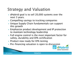 dHybrid goal is to sell 20,000 systems over the
next 3 years.
Compelling savings to trucking companies
Unique Supply Chain fundamentals can support
this growth
Emphasize product development and IP protection
to maintain technology leadership
Full engine control is the most important factor for
safety, durability and EPA certification
Product now ready for EPA testing
Pre-financing valuation is open to discussion
4/13/20124/13/20124/13/20124/13/2012 ValuationValuationValuationValuation 16161616
 